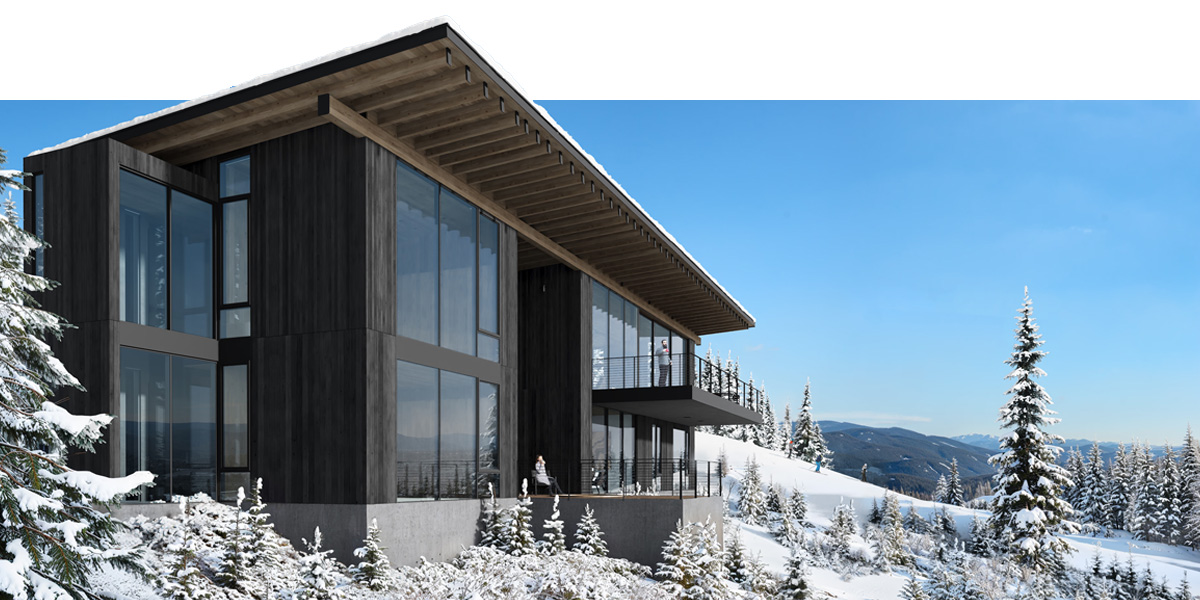Modern luxury mountain home with floor-to-ceiling windows